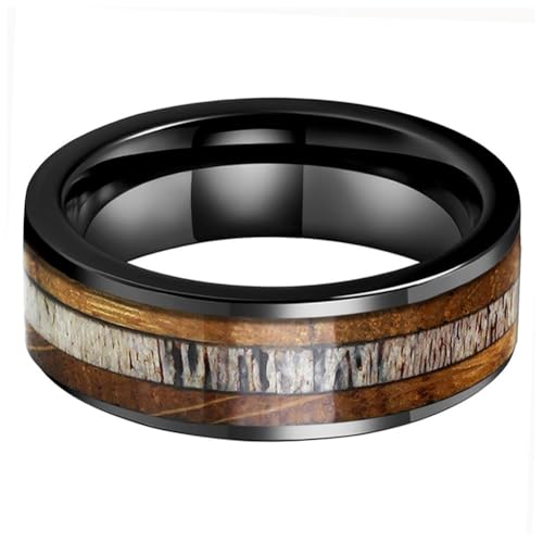 TUTISS 8mm Silver Black Tungsten Rings for Men Women Wedding Bands Whisky Barrel Wood Deer Antler Inlay Flat Polished Shiny Comfort Fit - color: 8mm Black Tungsten