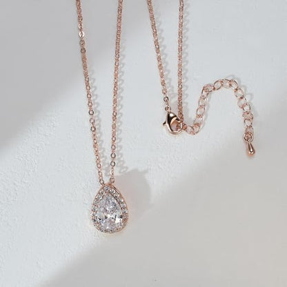 Teardrop Cubic Zirconia Jewelry Set for Women Wedding Prom Bridesmaid Gift | Sparkle Necklace Earrings Bracelet, Bride Formal Party Jewelry - color: Rose Gold