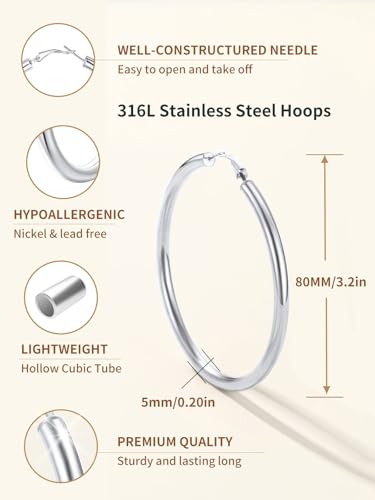 FindChic Hoop Earrings for Women, Silver/Black/14K Gold Plated Hypoallergenic Hollow Round Tube Loop Earrings, 20mm/30mm/40mm/60mm/80mm Chunky Hoops with Custom Name Options & Gift Box - color: b.Silver, size: 80MM