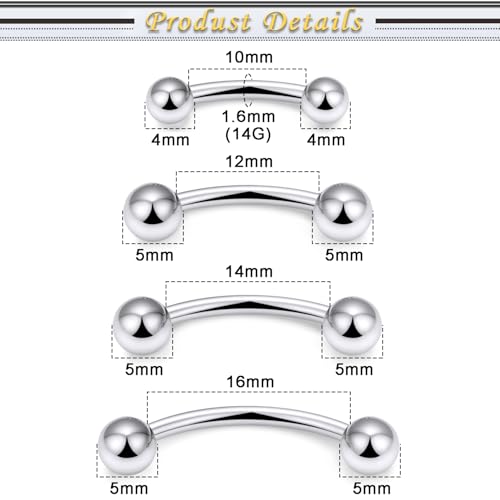 Snake Eyes Piercing Jewelry Tongue Surgical Steel Frog Eyes Tongue Rings 16G 14G Eyebrow Piercing Curbed Barbell Vertical Labret Lip Jewelry Bridge Piercings for Women Men 10mm/12mm/14mm/16mm - color: 14g,silvertone