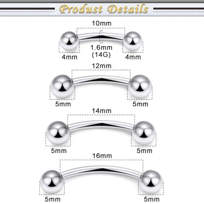 Snake Eyes Piercing Jewelry Tongue Surgical Steel Frog Eyes Tongue Rings 16G 14G Eyebrow Piercing Curbed Barbell Vertical Labret Lip Jewelry Bridge Piercings for Women Men 10mm/12mm/14mm/16mm - color: 14g,silvertone