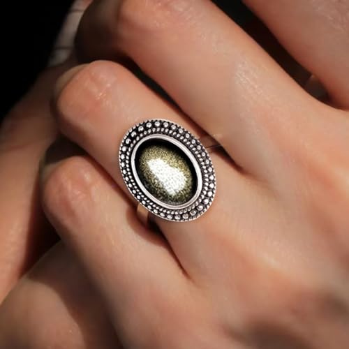 Natural Oval Stone Boho Ring,Retro Antique S925 Sterling Silver Crystal Quartz Gemstone Bohemian Statement Handmade Ring Jewelry for Women Her - color: B11_Black Obsidian
