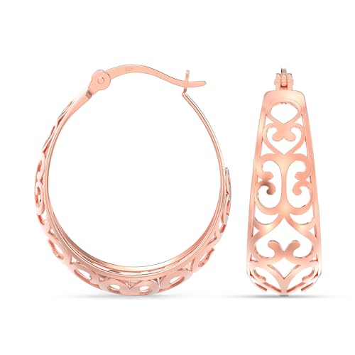 LeCalla 925 Sterling Silver Chunky Hoop Earrings | Filigree Heart Hoop Earrings for Women | Oval & Round Mesh Filigree Click-Top Hoops Earring | Hypoallergenic Earrings for Women - color: Rose Gold Oval Filigree 24MM