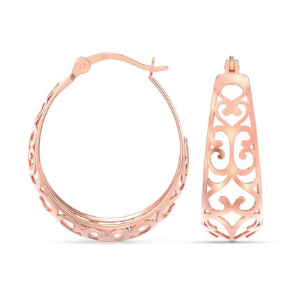 LeCalla 925 Sterling Silver Chunky Hoop Earrings | Filigree Heart Hoop Earrings for Women | Oval & Round Mesh Filigree Click-Top Hoops Earring | Hypoallergenic Earrings for Women - color: Rose Gold Oval Filigree 24MM