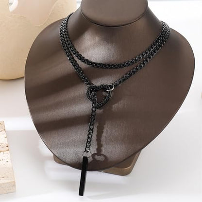 Slip Chain Necklaces for Women Stainless Steel Bar Pendant Choker Necklace Boho Handmade Long Lariat Necklace Silver Statement Punk Rock Collar Jewelry - style: layered black heart