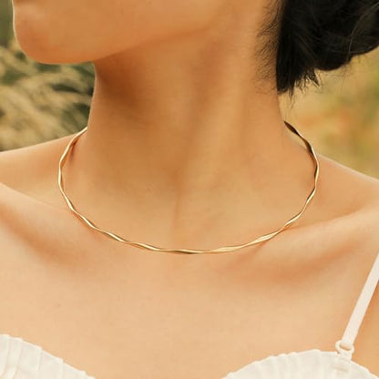 JAJAFOOK Minimalist Round Gold-Tone Bar Necklace Simple Fashion High Neck Choker Female King Neckwire - color: Twisted Wire