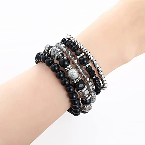 Noessla Beaded Pearl Stretch Bracelet Silver Stackable Crystal Beads Bracelets Trendy Costume Jewelry Mothers Day Gifts for Women - color: Black