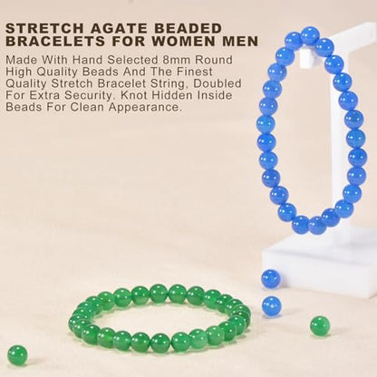 2PCS Agate Bracelet for Women Men Natural Round Beaded Agates Stone Healing Stretch Bracelets Elastic Handmade Polished Gemstone Beads Bracelet - color: Blue+Green, size: 8mm Beads
