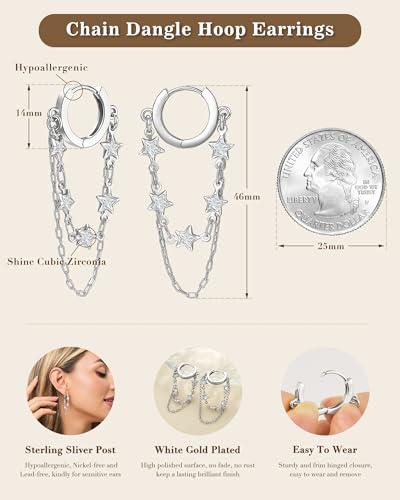 Tassel Chain Small Gold Hoop Dangle Earring For Women Huggie Earring Heart Star CZ 14K Gold Plated Fashion Jewelry Graduation Gift for Her Mothers Day Gifts for Mom - color: Star-Silver
