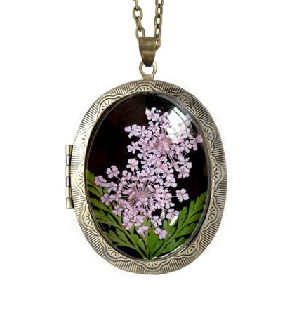 Handmade Oval Shaped Photo Locket with dried Pressed Flowers Locket pendant Necklace - style: Oval-Purple Lace