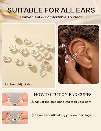 LOLIAS 12Pcs Ear Cuffs Non Piercing - 14K Gold Plated Ear Cuff Earrings for Women Adjustable Earring Cuffs for Non Pierced Ears Clip on Cartilage Earring Fake Earrings Set - color: Silver Plated