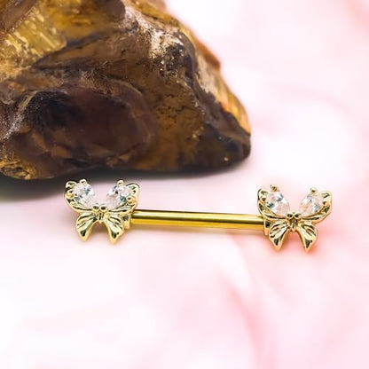 VERAMI 14G Stainless Steel Heart Nipple Rings and Barbell - Butterfly, Starlight Acrylic Ball, Tongue Rings for Women and Men - color: Gold butterfly
