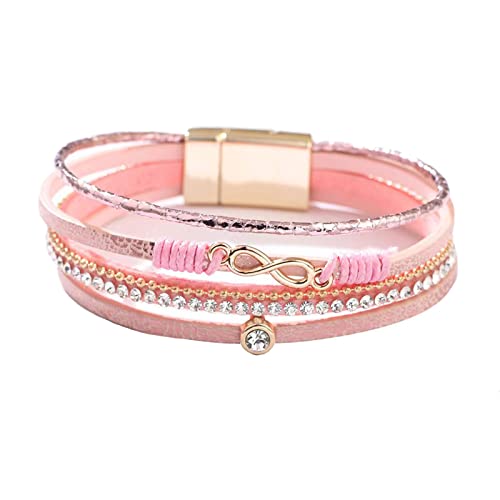 KunBead Infinity Leather Wrap Bracelets for Women Handmade Braided Boho Multi-Layer Bracelet Wristband Cuff Bangle Birthday Jewelry - color: pink