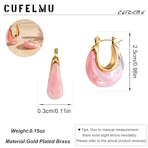 Resin Hoop Earrings for Women Gold Tone Chunky Oval Lightweight Retro Statement Earrings for Daily Wear Party Vacation Gifts - color: magenta