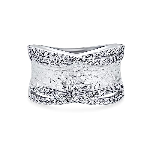 Bling Jewelry Personalized Modern Criss Cross Style CZ Accent Band Fashion Statement Brushed Hammered Matte Finish Wide Band Ring Silver Plated Brass