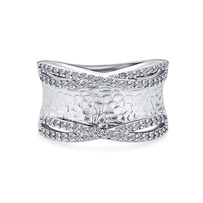 Bling Jewelry Personalized Modern Criss Cross Style CZ Accent Band Fashion Statement Brushed Hammered Matte Finish Wide Band Ring Silver Plated Brass