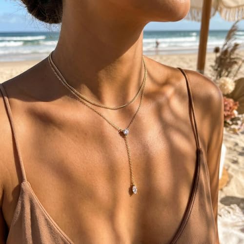 14k Gold Plated Layered Cubic Zirconia Pendant Necklace for Women | Gold Plated Clover Necklaces Stackable Dainty Cubic Zirconia Pendant Necklace，Mother's Day, Thanksgiving Jewelry Trendy gifts - color: Golden, style: Style4