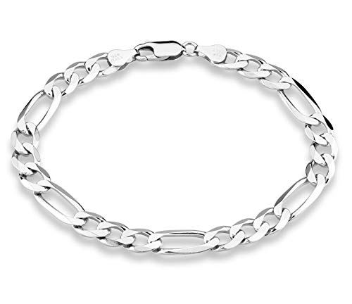 Miabella 925 Sterling Silver Italian 7mm Solid Diamond-Cut Figaro Link Chain Bracelet for Men, Made in Italy - style: Length 7.5 Inches