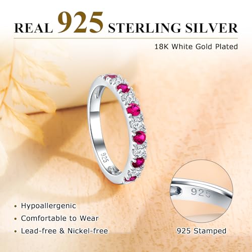 Bezel Set Birthstone Wedding Band 14K Gold Sterling Silver Stackable Half Eternity Band Rings 2.5mm Wide Ruby/Amethyst/Sapphire/Emerald Green/Aquamarine Ring for Women, Send Gift Box - style: 07-Created Ruby & CZ