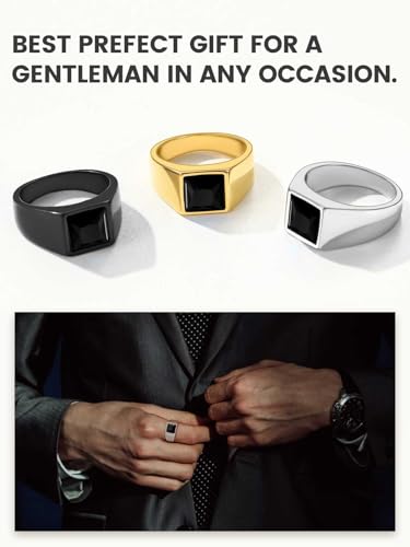 KeyStyle Square Gemstone Signet Rings for Men, Personalized Stainless Steel Pinky Ring with Black Onxy Blue Topaz Birthstone Statement Ring - color: Black -Black Onyx - 8mm