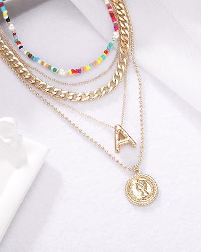 MJartoria Layered Necklaces for Women Trendy Balloon Initial Pendant Necklace Dainty Chunky Chain Beaded Choker Necklaces Jewelry Birthday Gifts - color: Gold, style: A.