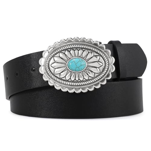 XZQTIVE Women Western Leather Belt Vintage Country Belts For Cowgirl Jeans Dresses Ladies Concho Belt With Turquoise Buckle - size: S Fit Pant 25-29in, style: Black With Silver Buckle