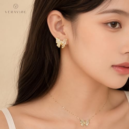 14K Gold Plated Butterfly Necklace and Earrings Set for Women | Dainty Cubic Zirconia Inlaid, Minimalist Stainless Steel Chain Choker, Elegant Trendy Jewelry Gifts