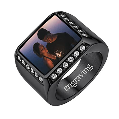 FindChic Customized Signet Photo Rings Square/Heart/Round Chunky Band Ring Stainless Steel/18K Gold Plated/Black Size 7 to 14 Personalized Jewelry for Men Women, Send Gift Box - color: 01. square (black)