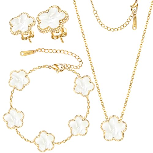 Clover Jewelry Set 3 PC - 18K Gold Plated Stainless Steel Y Necklace Four Leaf Pendant, Clover Link Bracelet Charm, Flower Earrings, Hypoallergenic Non-Tarnish,Simple Luxury Lucky Gifts for Women - color: White