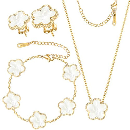 Clover Jewelry Set 3 PC - 18K Gold Plated Stainless Steel Y Necklace Four Leaf Pendant, Clover Link Bracelet Charm, Flower Earrings, Hypoallergenic Non-Tarnish,Simple Luxury Lucky Gifts for Women - color: White
