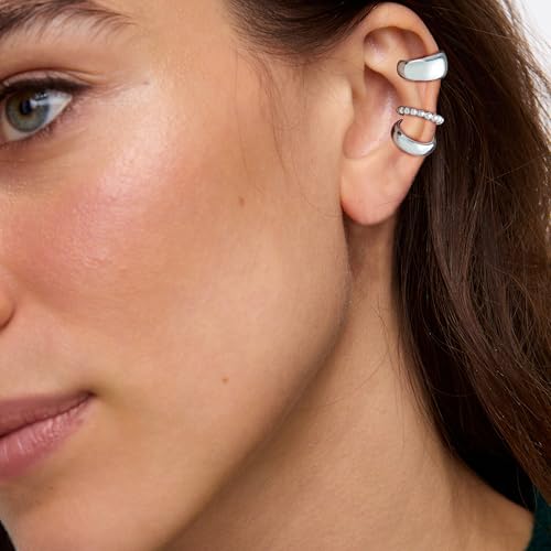 OOOPEL 3 Pairs 14K Gold Plated Ear Cuffs Non Piercing Lightweight Stackable Chunky Earring Cuff for Women Adjustable Non-Fading Fake Earrings Suitable for Christmas Gift - style: Chunky-Silver
