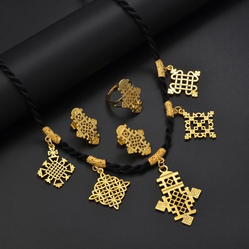 Ethiopian Traditional Jewelry | Eritrean Jewelry for Women Set | Ethiopian African Jewelry Wedding Sets Includes Cross Pendant Black Rope Earrings Ring Sets African Eritrean Religion - color: Gold Color