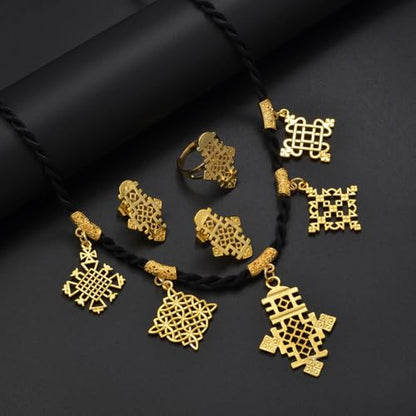 Ethiopian Traditional Jewelry | Eritrean Jewelry for Women Set | Ethiopian African Jewelry Wedding Sets Includes Cross Pendant Black Rope Earrings Ring Sets African Eritrean Religion - color: Gold Color