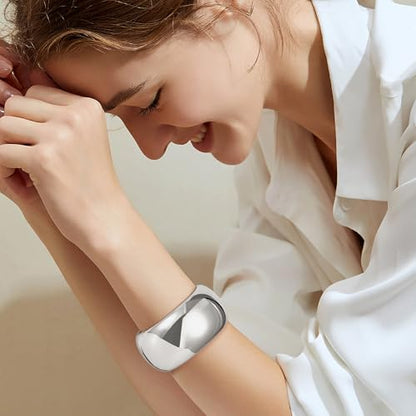 NICEIGHT 18K Gold Plated Chunky Bangle Bracelets for Women Gold Wide Cuff Bangle Bracelet Hammered Minimalist Thick Gold Wrist Wrap Bracelets - color: Silver Plain Bracelet