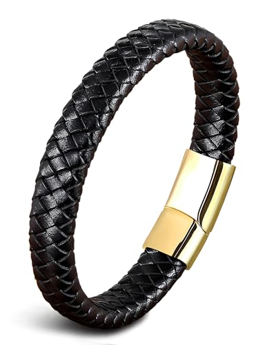 Leather Bracelet for Men, Braided Mens Cuff Bracelets with Stainless Steel Clasp Stacked Multi Style Color Anniversary Father's Day Birthday Christmas Jewelry Gifts for Him - color: Gold Clasp & Black Leather