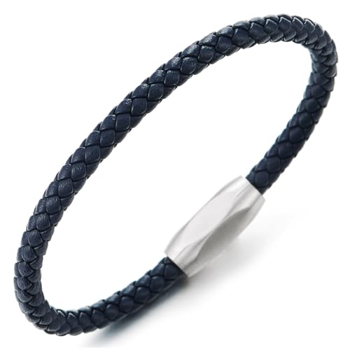 COOLSTEELANDBEYOND Minimalist Mens Women Leather Bracelet, Thin Braided Leather Bangle, Steel Oval Magnetic Clasp - color: D-Color: Navy Blue