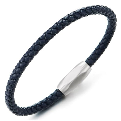 COOLSTEELANDBEYOND Minimalist Mens Women Leather Bracelet, Thin Braided Leather Bangle, Steel Oval Magnetic Clasp - color: D-Color: Navy Blue