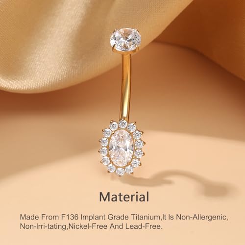 Gold Belly Button Ring, Titanium Dangle Floating Navel Piercing Jewelry - color: Gold-Oval-10mm