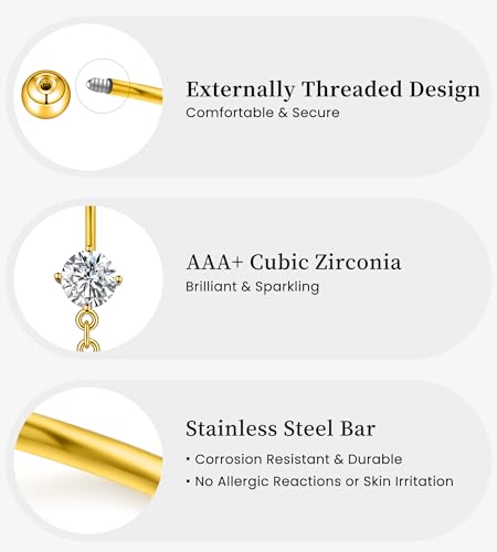 BSJ4U Belly Button Rings Gold Plated Silver Pink Clear CZ Belly Rings for Women Heart Bow Flower Butterfly Teardrop Dangle Navel Belly Button Piercing Jewelry - color: Gold Plated Clear Dangle Belly Button Rings