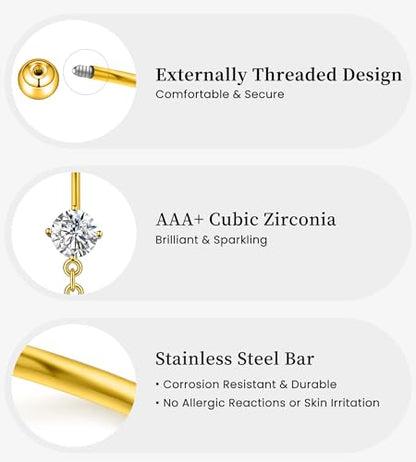 BSJ4U Belly Button Rings Gold Plated Silver Pink Clear CZ Belly Rings for Women Heart Bow Flower Butterfly Teardrop Dangle Navel Belly Button Piercing Jewelry - color: Gold Plated Clear Dangle Belly Button Rings