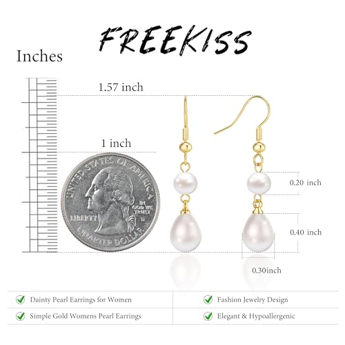 Freekiss Pearl Earrings for Women Trendy: Flat Back Stud Earrings 14K Gold Plated/925 Sterling Silver Freshwater Pearl Dangle Earrings Cute Bow Earrings Wedding Jewelry Birthday Gifts for Women Girls - style: double pearl drop earrings