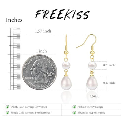 Freekiss Pearl Earrings for Women Trendy: Flat Back Stud Earrings 14K Gold Plated/925 Sterling Silver Freshwater Pearl Dangle Earrings Cute Bow Earrings Wedding Jewelry Birthday Gifts for Women Girls - style: double pearl drop earrings
