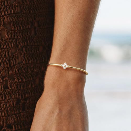 Gold Cuff Bracelets for Women, 14K Gold Plated Dainty Open CZ Cuff Bracelet Adjustable Stackable Open Bangle Bracelet Birthday Jewelry Gift for Her - color: Four Clover CZ-Gold