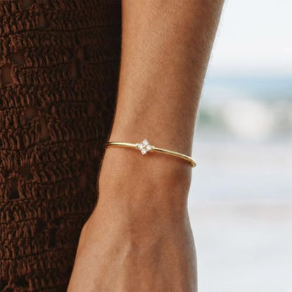 Gold Cuff Bracelets for Women, 14K Gold Plated Dainty Open CZ Cuff Bracelet Adjustable Stackable Open Bangle Bracelet Birthday Jewelry Gift for Her - color: Four Clover CZ-Gold