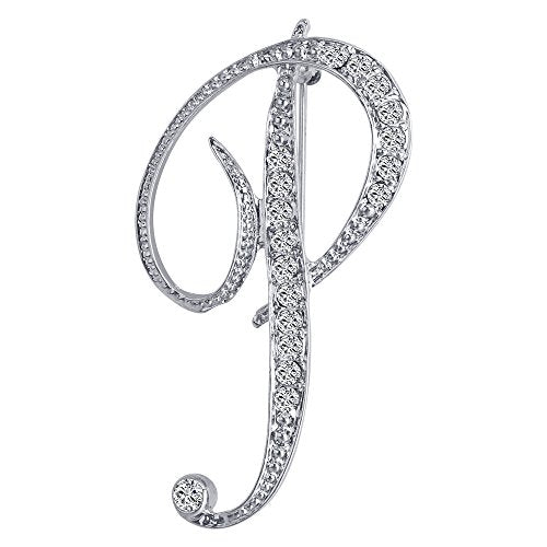A-Z 26 Letters Pins Brooches Silver Plated Metal Broaches Pins-Clear Crystal Initial Breastpin - color: 1pcs-P