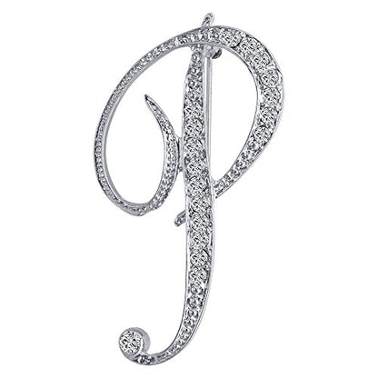 A-Z 26 Letters Pins Brooches Silver Plated Metal Broaches Pins-Clear Crystal Initial Breastpin - color: 1pcs-P