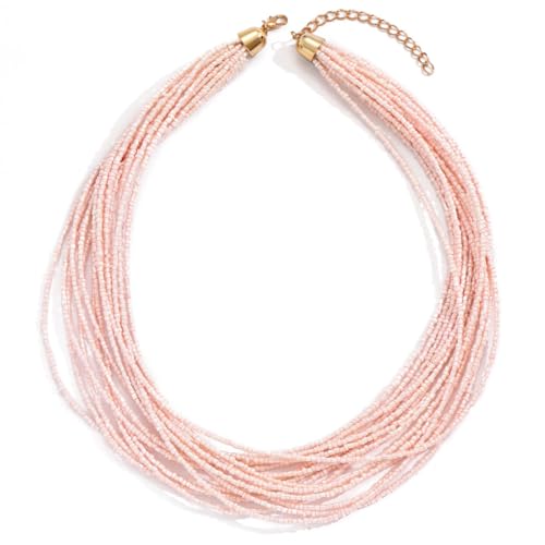 Colorful Multi-layered Seed Beaded Necklace Choker For Women Bohemian Handmade Crystal Stone Gemstone Hawaiian Necklace Holiday Birthday Summer Beach Jewelry Gift - color: White Pink