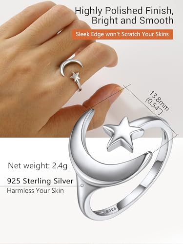 PROSILVER 925 Sterling Silver Adjustable Open Ring for Women, Solid Sterling Silver Stackable Ring, knuckle Finger Ring, Pinky Ring, Come with Box - style: 06 Moon and Star