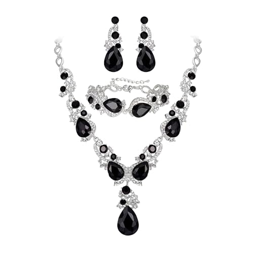 Wedding Bridal Jewelry Set for Women Prom Party Accessories | Shiny Multi Teardrop Cluster Crystal Statement Necklace Dangle Earrings Link Bracelet Set for Bride Bridesmaid - color: Black Silver-Tone