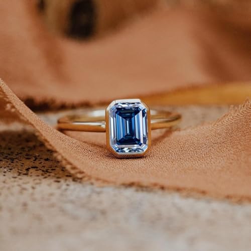 2.5CT Emerald Cut Moissanite Solitaire Ring, 14K Yellow Gold Engagement Ring, Bezel Setting, Statement Ring, Gift For Her, Wedding Ring By SHREESHYAMJEWELLS - color: Blue Moissanite